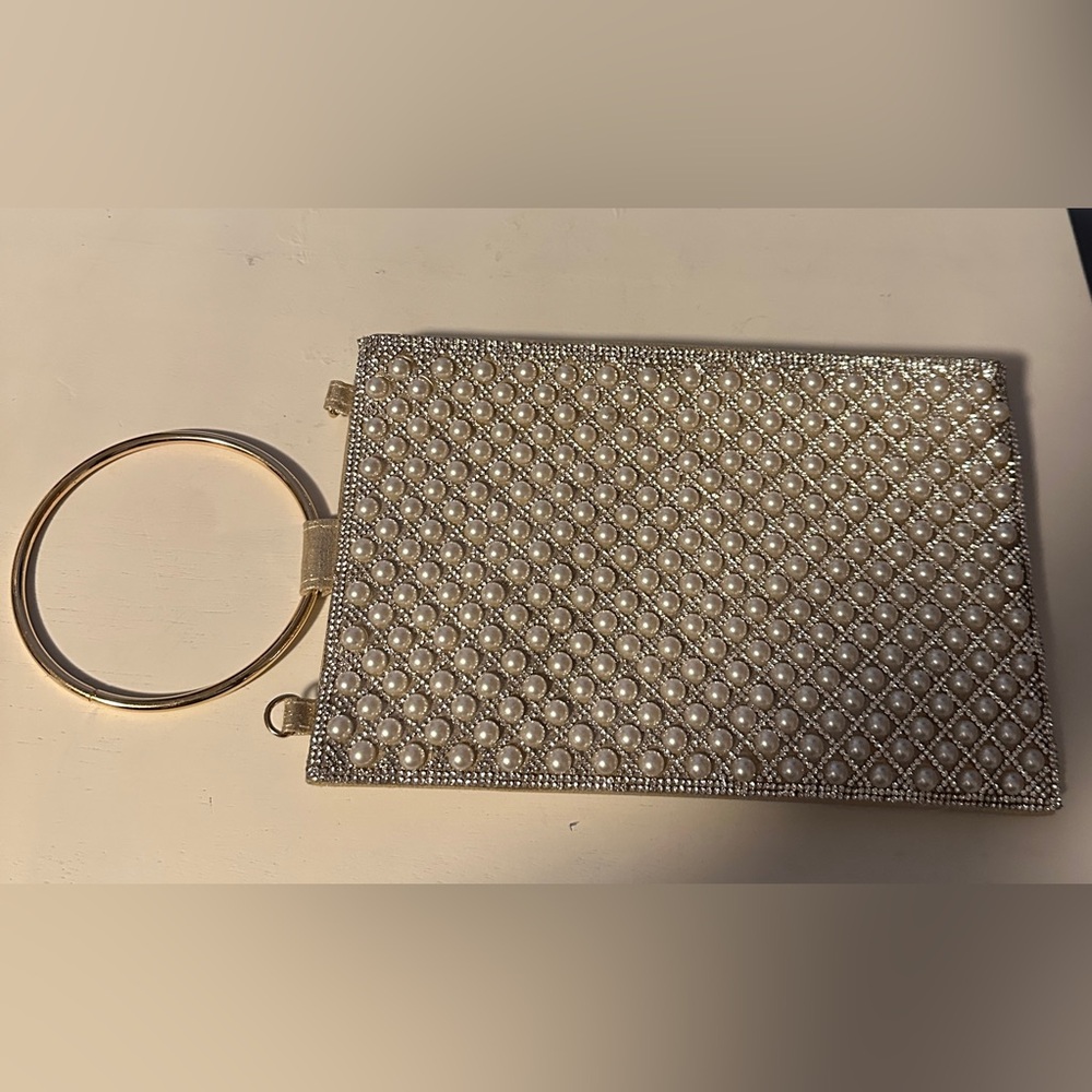 INC International Concepts Gold Tone Faux Pearl Embellished Hoop Handle Clutch